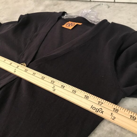 Tory Burch Cardigan Sweater Womens Medium Navy Blue Gold Logo Buttons V Neck - Picture 6 of 7